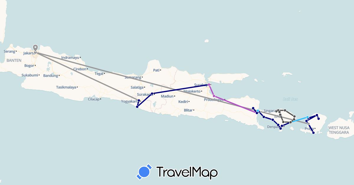 TravelMap itinerary: driving, plane, train, boat, motorbike in Indonesia (Asia)